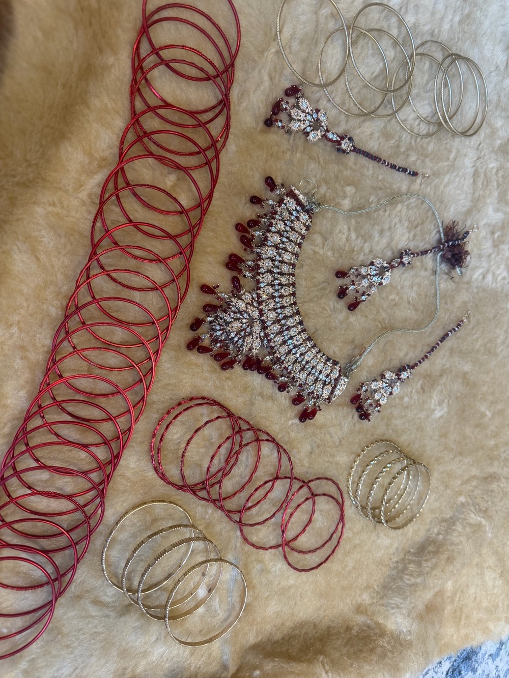 Red and Gold Bridal Jewelry Set -Indian style Necklace with Earrings and Bangle